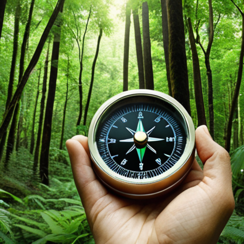 **A person aligning a compass in a lush green forest, symbolizing finding one's strengths and interests in sustainability. The compass should point towards various icons representing renewable energy, fair trade, environmental protection, and social justice.**