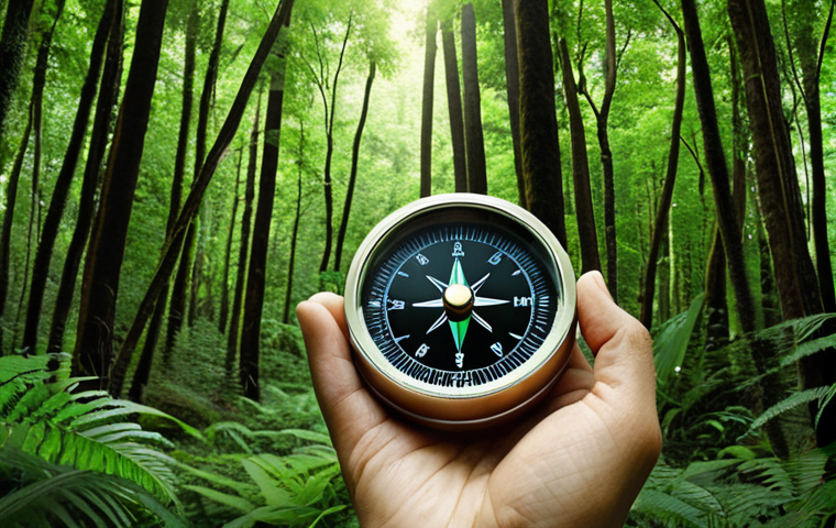 **A person aligning a compass in a lush green forest, symbolizing finding one's strengths and interests in sustainability. The compass should point towards various icons representing renewable energy, fair trade, environmental protection, and social justice.**