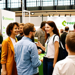 **

A diverse group of people networking at a "Green Careers Fair" in Berlin. The atmosphere is bright and optimistic, with booths representing various sustainable industries like renewable energy, circular economy startups, and ethical fashion brands. People are engaged in conversations, exchanging business cards, and attending a presentation on "Sustainable Job Opportunities in Germany". Focus on modern, eco-friendly booth designs using recycled materials.

**