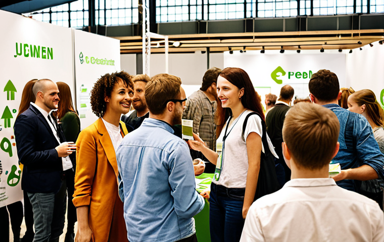 **
A diverse group of people networking at a "Green Careers Fair" in Berlin. The atmosphere is bright and optimistic, with booths representing various sustainable industries like renewable energy, circular economy startups, and ethical fashion brands. People are engaged in conversations, exchanging business cards, and attending a presentation on "Sustainable Job Opportunities in Germany". Focus on modern, eco-friendly booth designs using recycled materials.
**