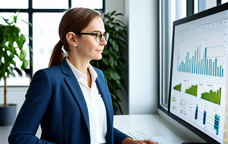 **
A sustainability consultant in a modern, bright office, analyzing charts displaying CO2 emission reduction data on a large monitor. She is wearing a professional, fully clothed business suit and glasses. The office features plants and natural light. Focus on data visualization and a sense of informed optimism. safe for work, appropriate content, modest clothing, professional attire, perfect anatomy, correct proportions, natural pose, high quality.
**