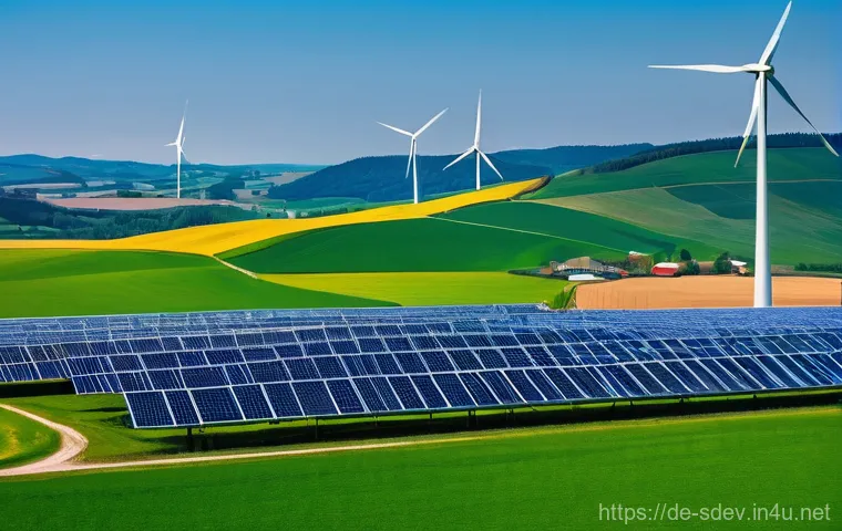지속가능발전 분야의 변화하는 환경 - **Sustainable Energy Future in Germany**
    "A vibrant, optimistic panoramic view of a modern Germa...