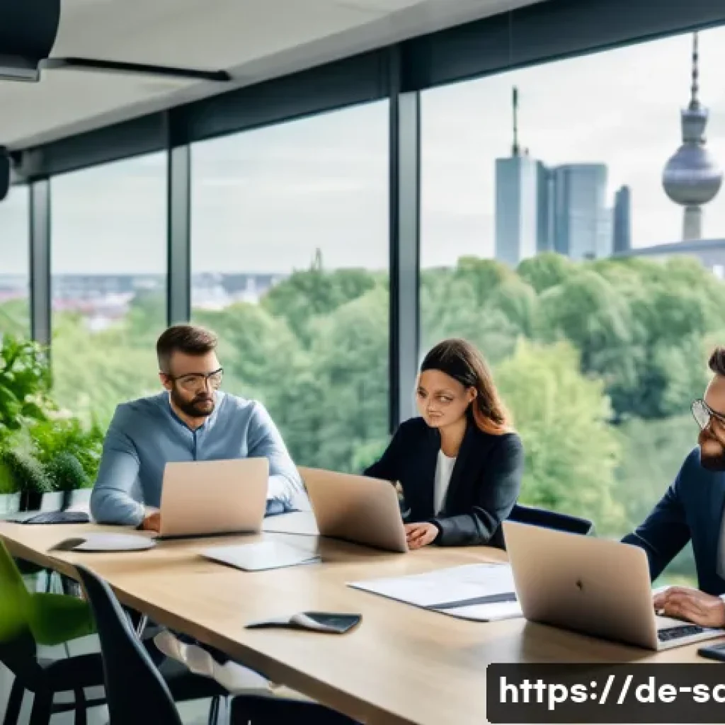 지속가능발전 경력 관리 전략 - A modern office scene in Berlin featuring a diverse team of sustainability professionals collaborati...