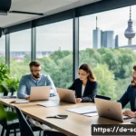 지속가능발전 경력 관리 전략 - A modern office scene in Berlin featuring a diverse team of sustainability professionals collaborati...