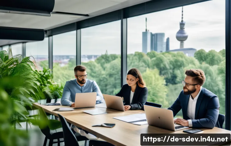 지속가능발전 경력 관리 전략 - A modern office scene in Berlin featuring a diverse team of sustainability professionals collaborati...