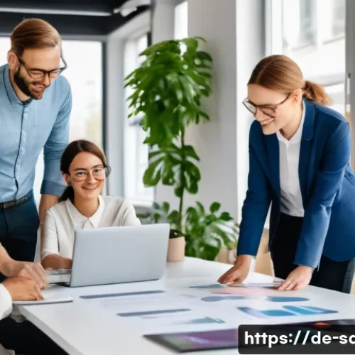 지속가능발전 전문가 이직 준비 - A modern, bright office environment in Germany with a diverse group of professionals engaged in a su...
