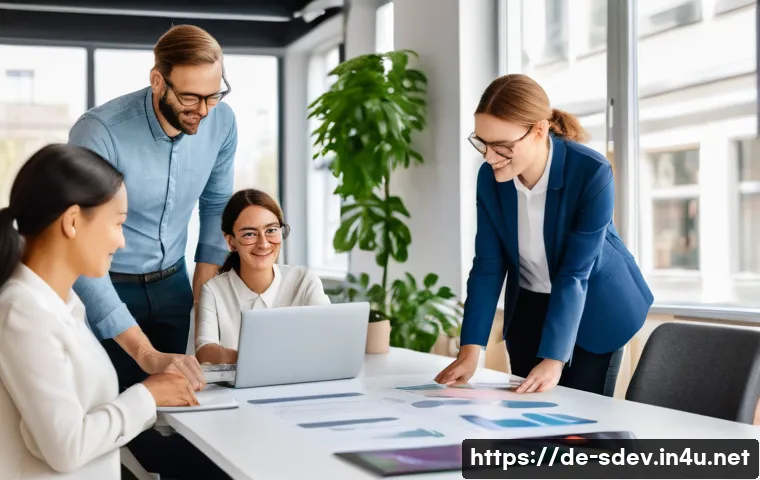 지속가능발전 전문가 이직 준비 - A modern, bright office environment in Germany with a diverse group of professionals engaged in a su...
