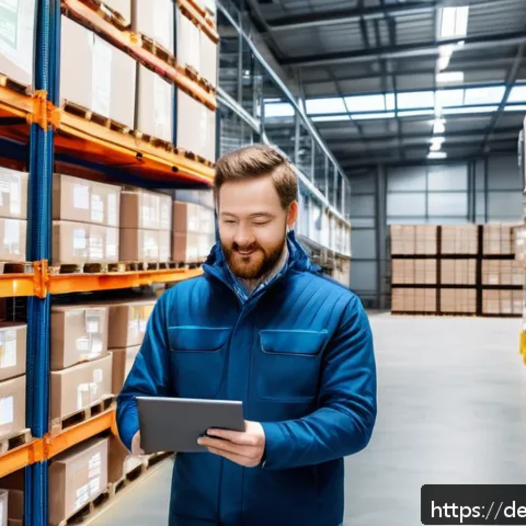 지속가능발전 전문가로서의 가치 창출 방법 - A modern warehouse interior showcasing a digital supply chain management system in action: diverse p...