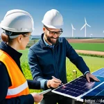 지속가능발전 분야의 지속 가능한 커리어 - A modern German renewable energy project site featuring diverse professionals in safety gear and sma...