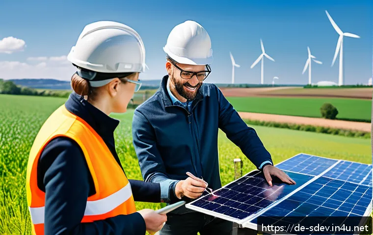 지속가능발전 분야의 지속 가능한 커리어 - A modern German renewable energy project site featuring diverse professionals in safety gear and sma...