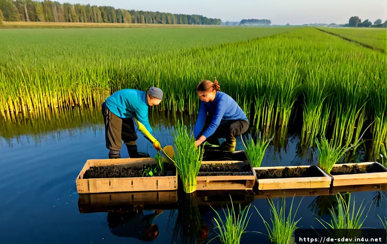 Home 17 지속가능발전 분야에서의 현장 경험 - Photorealistic documentary-style scene of a sustainable development field team restoring a wetland i...