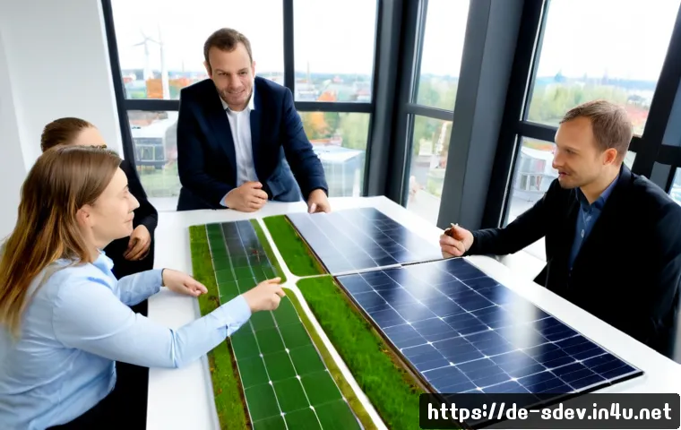 지속가능발전 업무 중 발생하는 문제 해결 - Photorealistic sustainability project meeting in a modern German municipal office, diverse adult pro...